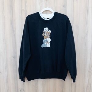 Morning Sun Womens Cat Sweatshirt Size XL Black Embroidered Kittens Cozy VTG